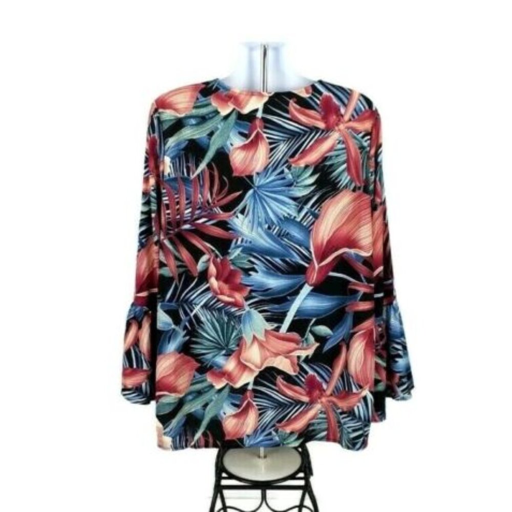ODDY Tropical Floral Ruffle Bell Sleeve V Neck Blouse Multicolor Plus 3X NWOT - Picture 7 of 12